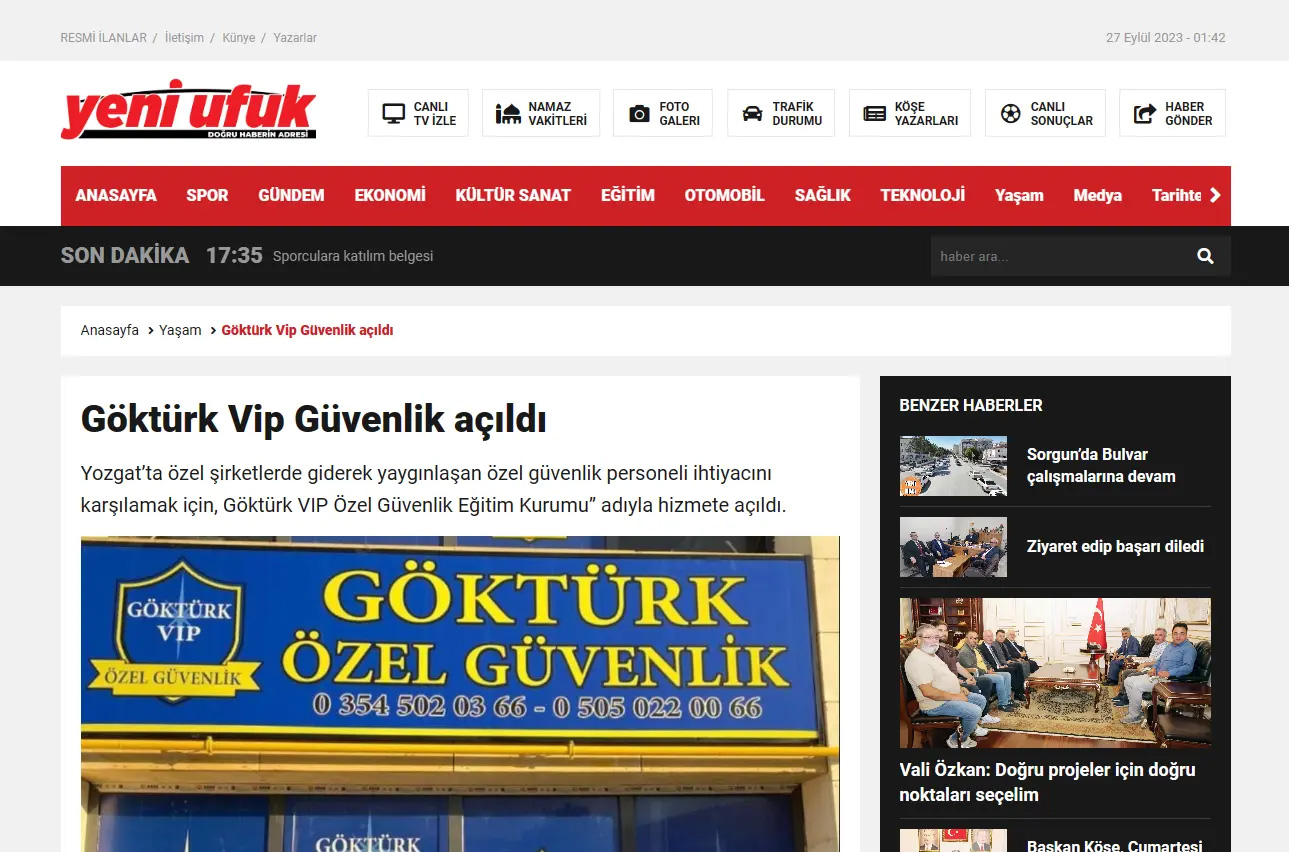 Göktürk Vip Güvenlik açıldı (Yeni Ufuk Gazetesi)